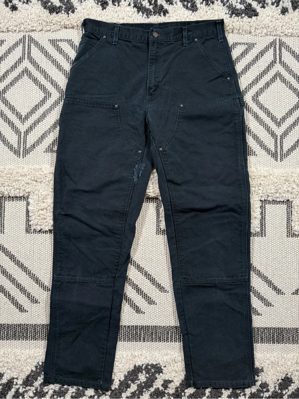 Men’s Carhartt B136 Black Distressed Faded Double Front Work Pants Size 36x34